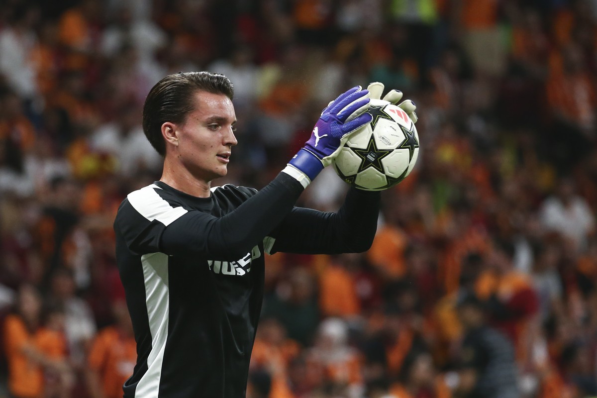 YB's goalkeeper Marvin Keller warms up prior to the Uefa Champions League playoff soccer match between Turkey's Galatasaray Istanbul and Switzerland's BSC Young Boys, at the Ali Sami Ye ...