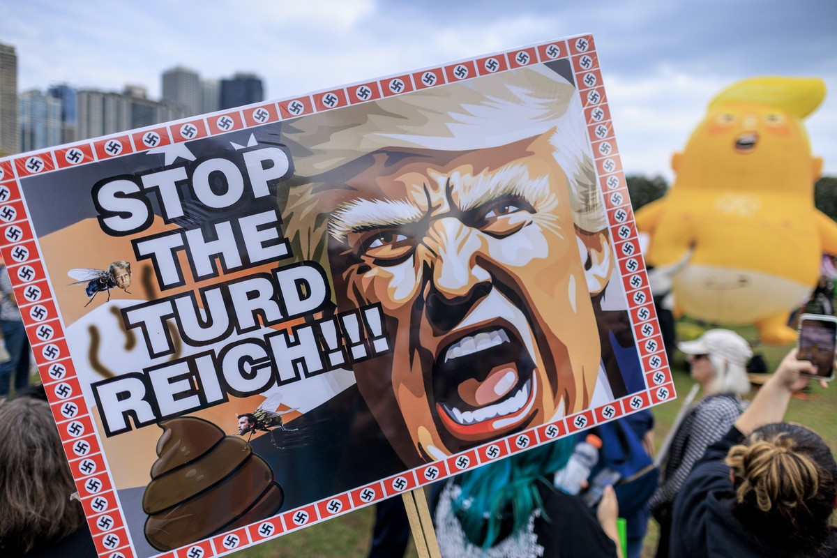 epaselect epa12462687 A placard depicting US President Donald J Trump and reading 'Stop the Turd Reich' is displayed during the 'No Kings' protest in Downtown Chicago, Illinois, US ...