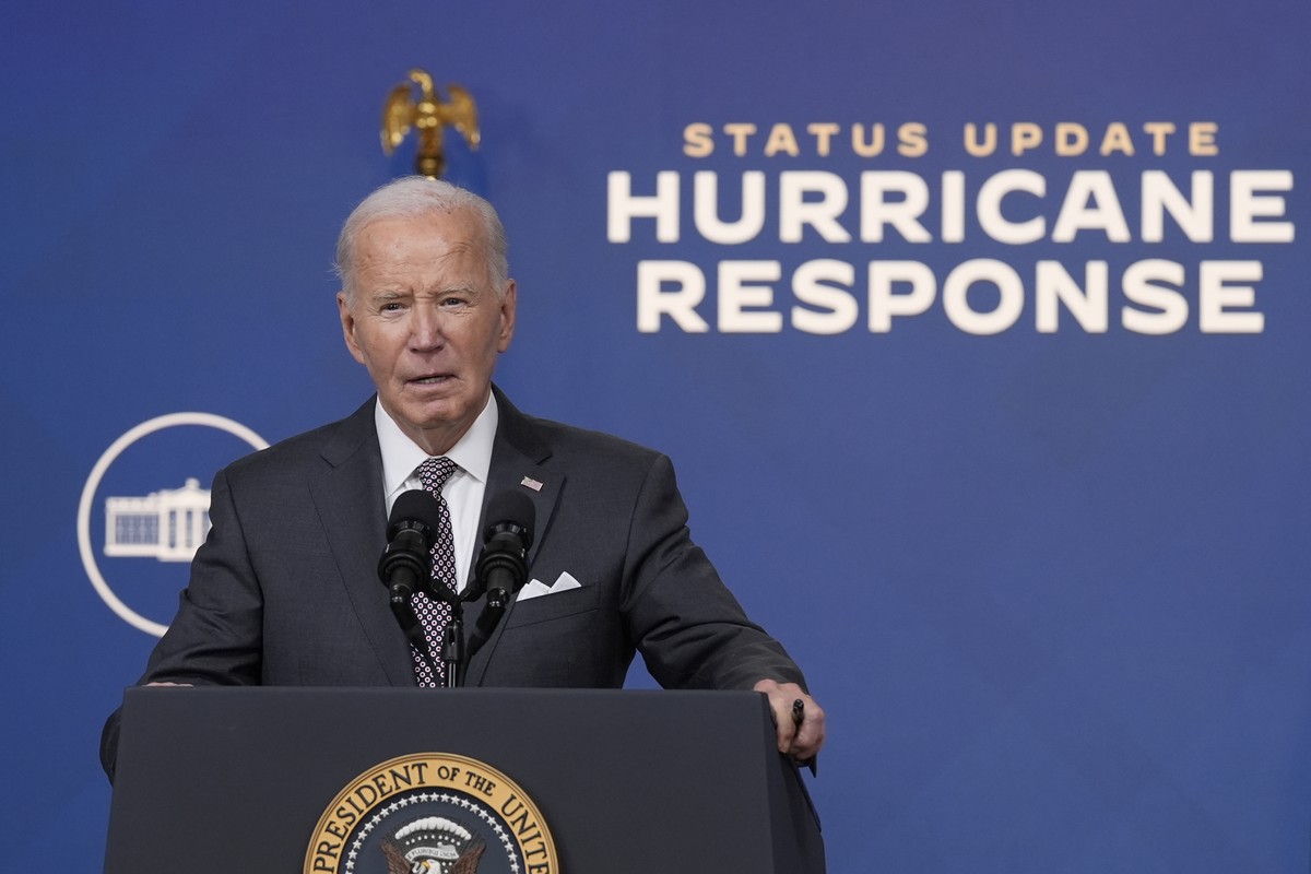 President Joe Biden speaks and gives an update on the impact and the ongoing response to Hurricane Milton, in the South Court Auditorium on the White House complex in Washington, Thursday, Oct. 10, 20 ...