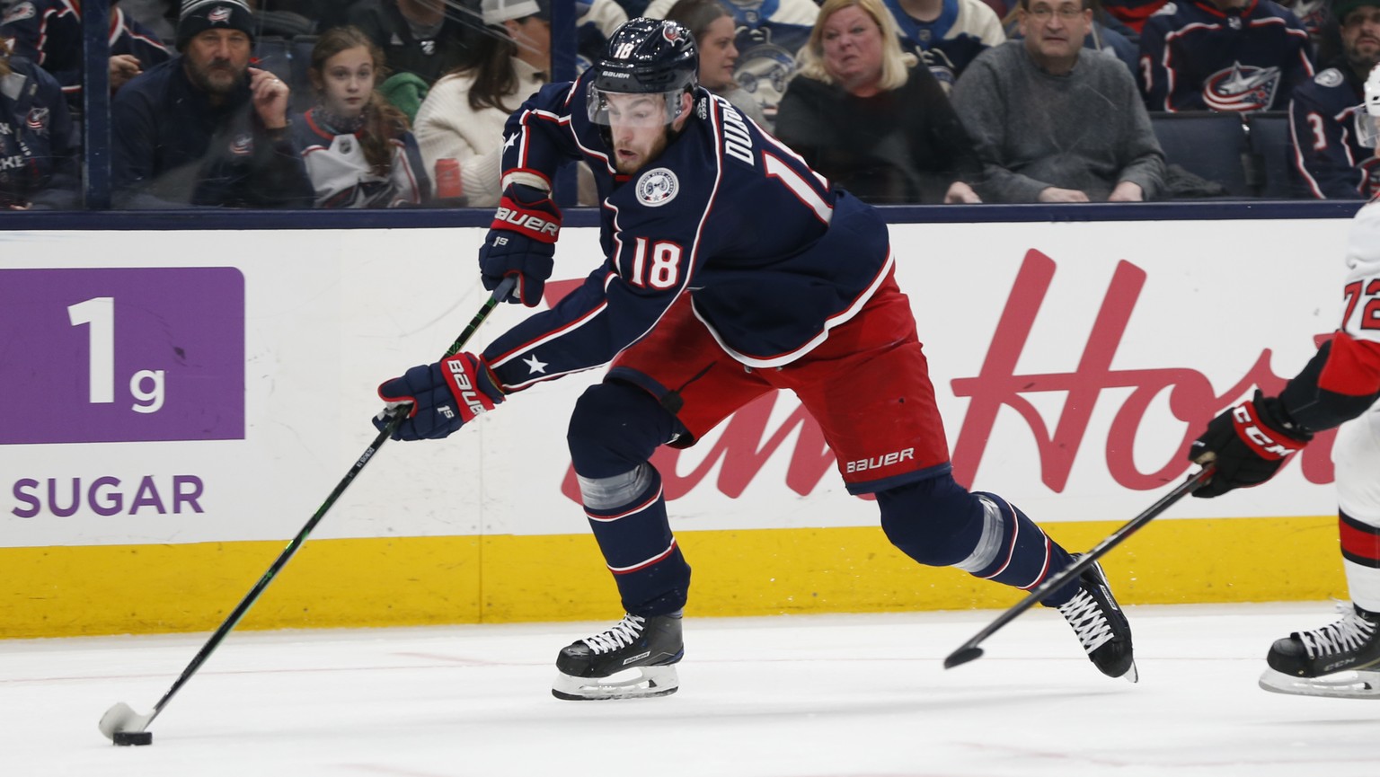 FILE - In this Feb. 24, 2020, file photo, Columbus Blue Jackets' Pierre-Luc Dubois plays against the Ottawa Senators during an NHL hockey game in Columbus, Ohio. With top-line center Pierre-Luc D ...