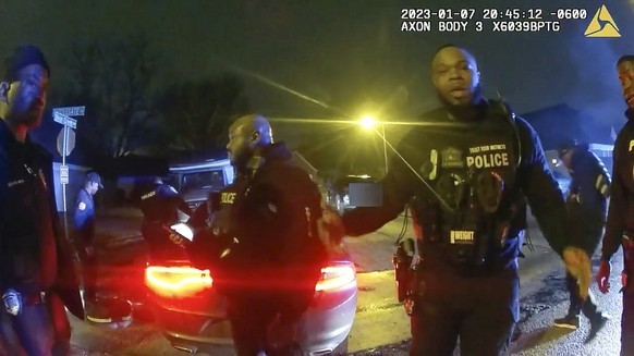 The image from video released on Jan. 27, 2023, by the City of Memphis, shows police officers talking after a brutal attack on Tyre Nichols by five Memphis police officers on Jan. 7, 2023, in Memphis, ...