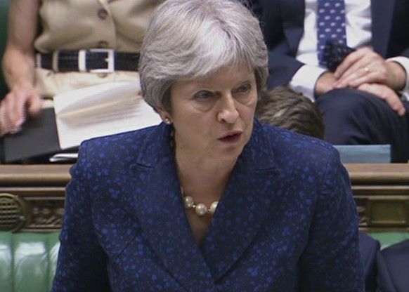 In this image from TV, Britain&#039;s Prime Minister Theresa May gives statement in the parliament Monday July 9, 2018. British Foreign Secretary Boris Johnson resigned Monday, adding to divisions ove ...