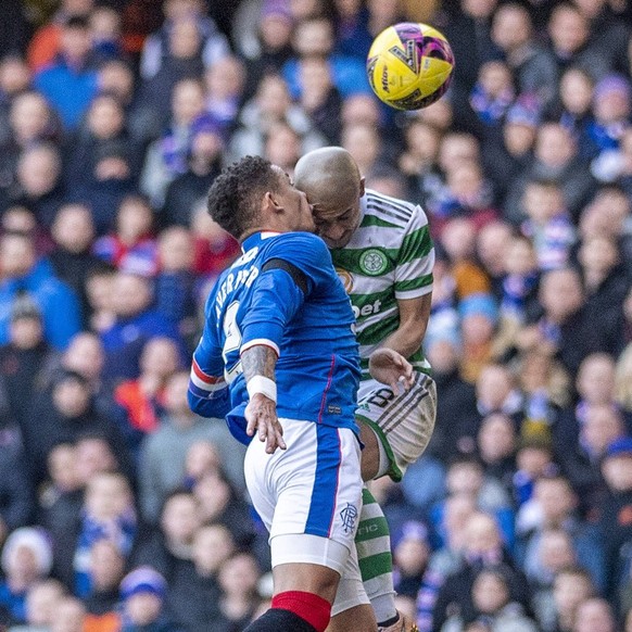 Ibrox Stadium Glasgow, Scotland, January 2nd 2023: Daizen Maeda of Celtic and James Tavernier of Rangers clash during the Cinch Scottish Premiership match between Rangers FC and Celtic FC at on Januar ...