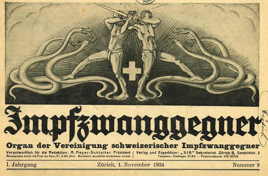 Impfungen als Giftschlangen: Darstellung im «Impfzwanggegner – Organ der Vereinigung schweizerischer Impfzwanggegner», 1924. 