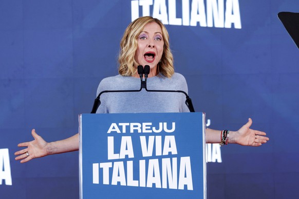 Italian Premier Giorgia Meloni gives her speech during Atreju 2024, the Italian Way, event organized by the Fratelli d&#039;Italia (Brothers of Italy) party at the Circo Massimo, Rome, Sunday, Dec. 15 ...