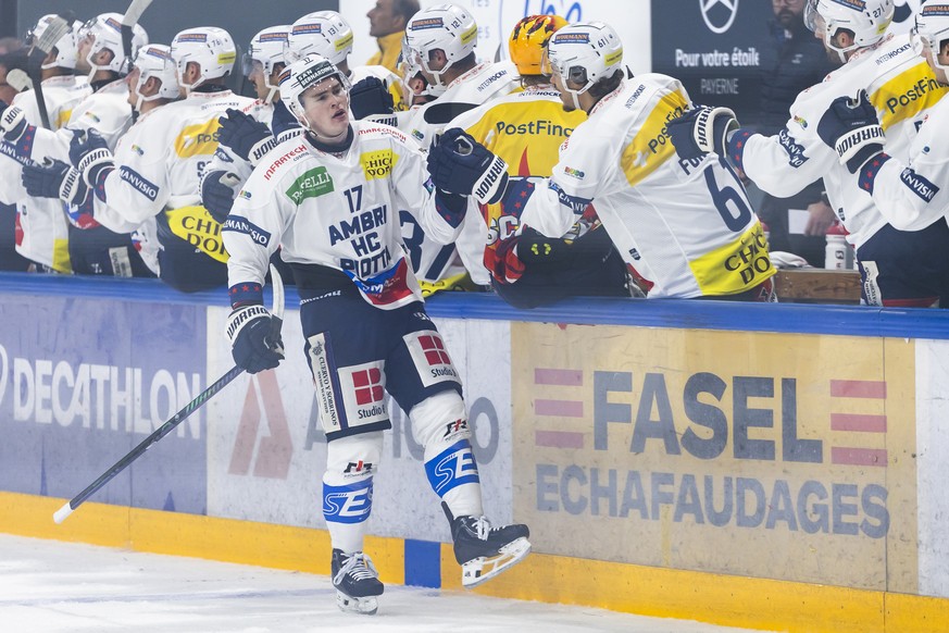 Miles Mueller (HCAP) celebre son but (0:1), lors du match du championnat suisse de hockey sur glace de National League entre HC Fribourg-Gotteron (HCFG) et HC Ambri-Piotta (HCAP) ce samedi 3 octobre 2 ...