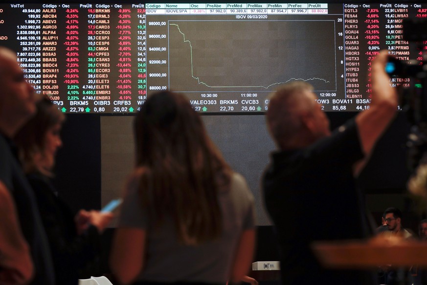 epa08281543 A board shows the values of the Sao Paulo Stock Exchange, in Sao Paulo, Brazil, 09 March 2020. The Sao Paulo Stock Exchange resumed operations after a half-hour interruption on Monday due  ...