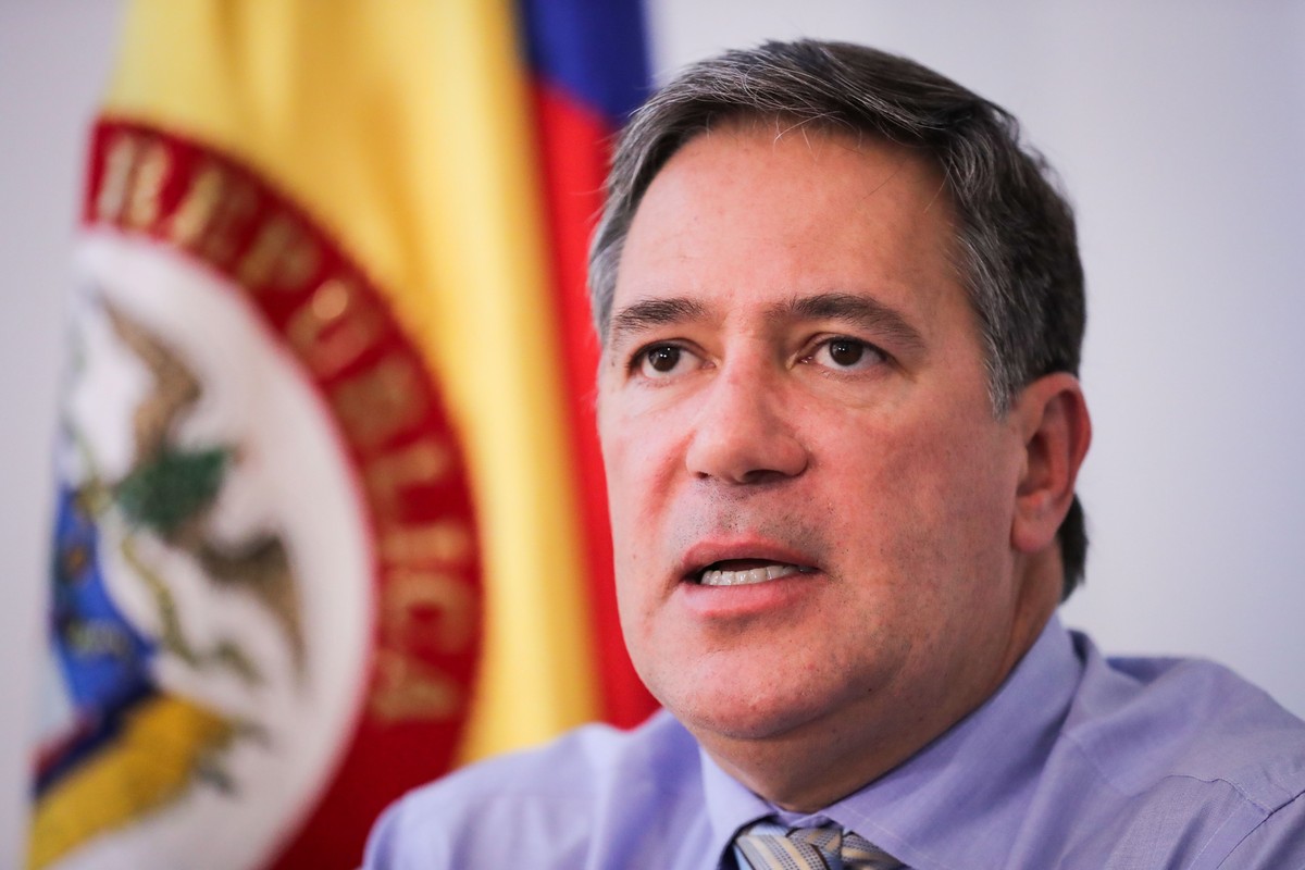 epa08216160 Colombian ambassador to Uruguay Fernando Sanclemente speaks during a press conference in Montevideo, Uruguay 13 February 2020. A cocaine laboratory was found a day earlier at a farm owned  ...
