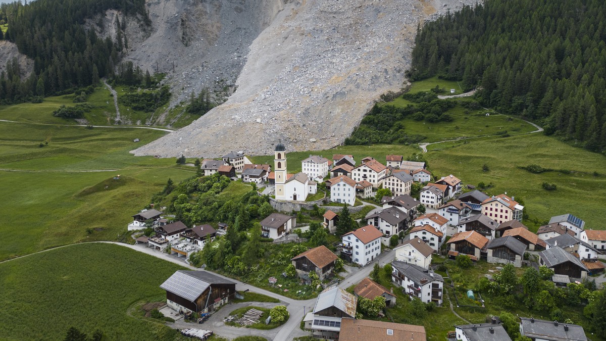 A general view shows the village Brienz-Brinzauls below the rockfall "Brienzer Rutsch" on Friday, June 16, 2023, in Brienz-Brinzauls, Graubuenden, Switzerland. On Friday night, a large part  ...