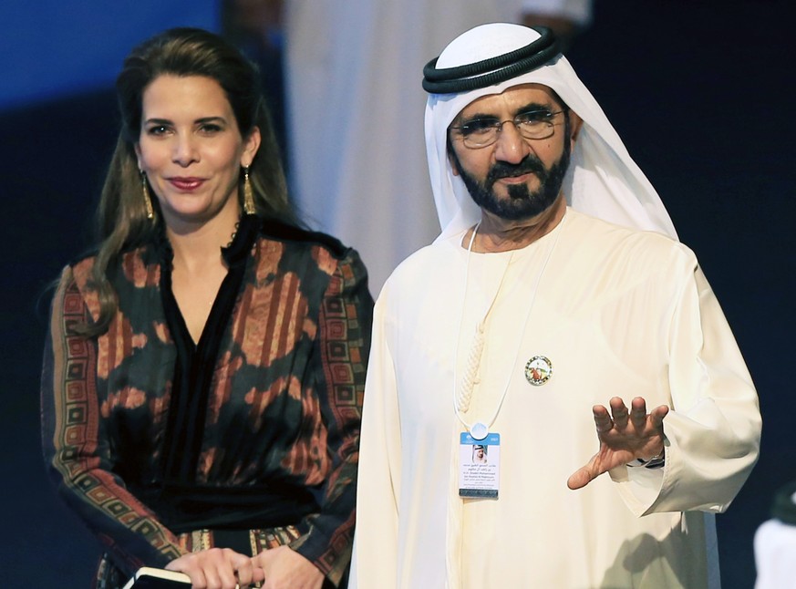 epa08272773 (FILE) - Sheikh Mohammed bin Rashid Al Maktoum (R), Vice President, Prime Minister of the UAE and Ruler of Dubai arrives with Princess Haya bint Al Hussein (L) during the World Government  ...