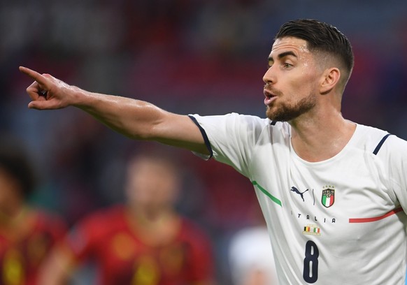 epa09318852 Jorginho of Italy reacts during the UEFA EURO 2020 quarter final match between Belgium and Italy in Munich, Germany, 02 July 2021. EPA/Andreas Gebert / POOL (RESTRICTIONS: For editorial ne ...