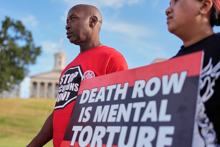 Alonzo Hughes participates in a March 4 Mercy protest against the death penalty at the Tennessee State Capitol, Sunday, Sept. 27, 2026, in Nashville, Tenn. ahead of the Sept. 30th scheduled execution  ...