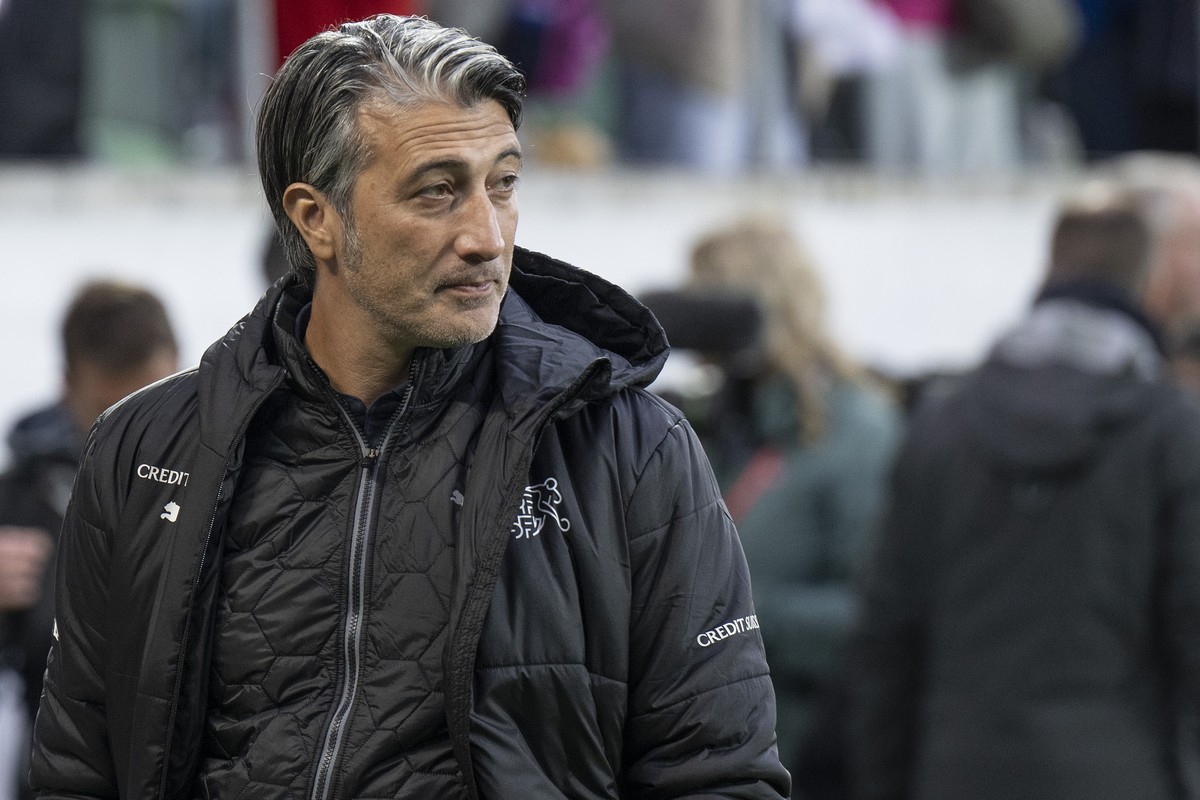 Switzerland's head coach Murat Yakin looks on during the UEFA Euro 2024 qualifying group I soccer match between Switzerland and Belarus, on Sunday, October 15, 2023, at the Kybunpark stadium in S ...
