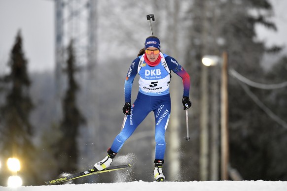 Switzerland's Selina Gasparin competes in the women's 15km individual race at the IBU World Cup biathlon season opening at Oestersund Ski Stadium in Ostersund, northern Sweden, Saturday, Nov. 27, 2021. (Anders Wiklund/TT via AP)