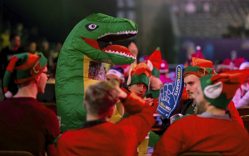A fan sits in fancy dress during day nine of the of the darts World Championship at Alexandra Palace, London, Saturday Dec. 21, 2019. (Steven Paston/PA via AP)