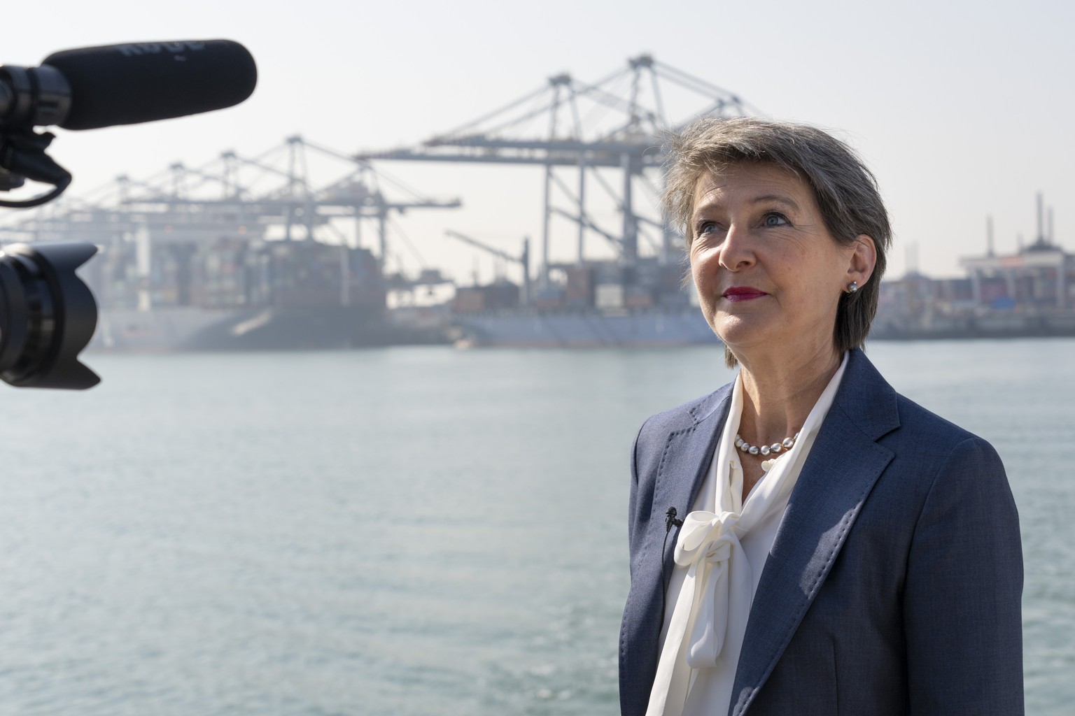 Swiss Federal Councillor Simonetta Sommaruga is interviewed during a tour of the Port of Rotterdam, Netherlands, Wednesday, March 23, 2022. (AP Photo/Peter Dejong)