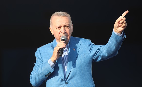 epa10614013 Turkish President Recep Tayyip Erdogan speaks during his election campaign rally in Istanbul, Turkey, 07 May 2023. Turkey will hold its general election on 14 May 2023 with a two-round sys ...