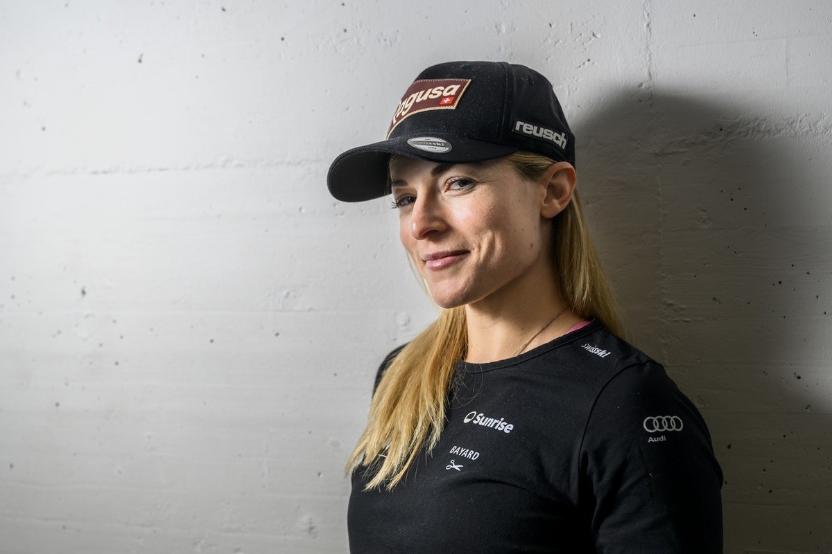 Ski racer Lara Gut-Behrami from Switzerland, poses during the Swiss-Ski federation press conference at the FIS Alpine Ski World Cup, in St. Moritz, Switzerland, Wednesday, December 14, 2022. (KEYSTONE ...
