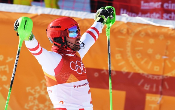 epa06519915 Marcel Hirscher of Austria arrives in the finish area after the Slalom portion of the Men&#039;s Alpine Combined race at the Jeongseon Alpine Centre during the PyeongChang 2018 Olympic Gam ...