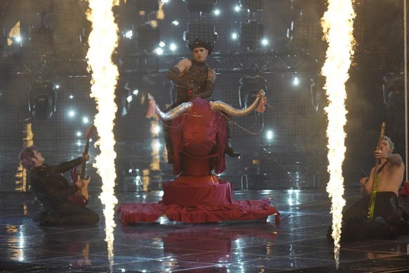 Achille Lauro from San Marino singing &#039;Stripper&#039; performs during rehearsals at the Eurovision Song Contest in Turin, Italy, Wednesday, May 11, 2022. (AP Photo/Luca Bruno)