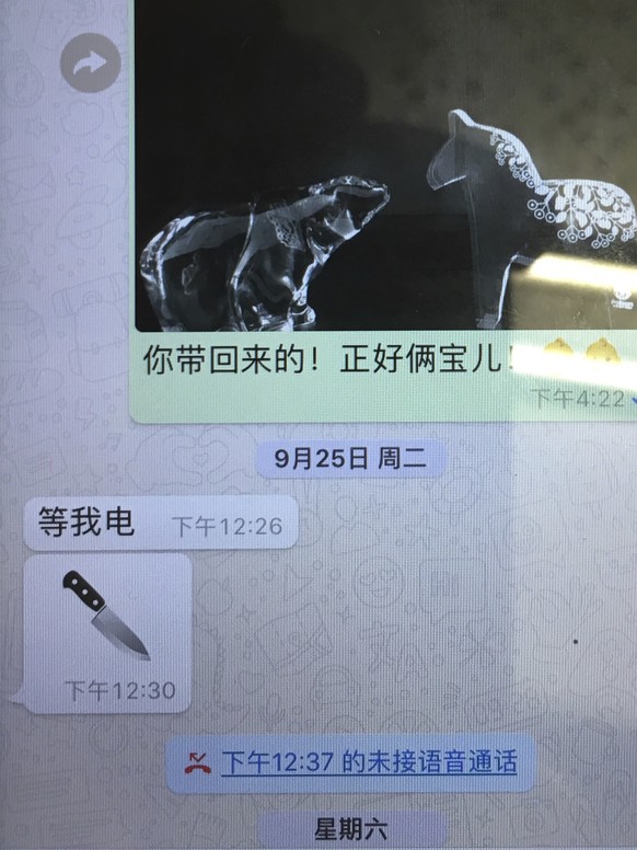 This photo shows the last message sent by missing Interpol President, Meng Hongwei, to his wife, Grace Meng. Mrs. Meng showed reporters the message, on her mobile phone, during a press conference in L ...