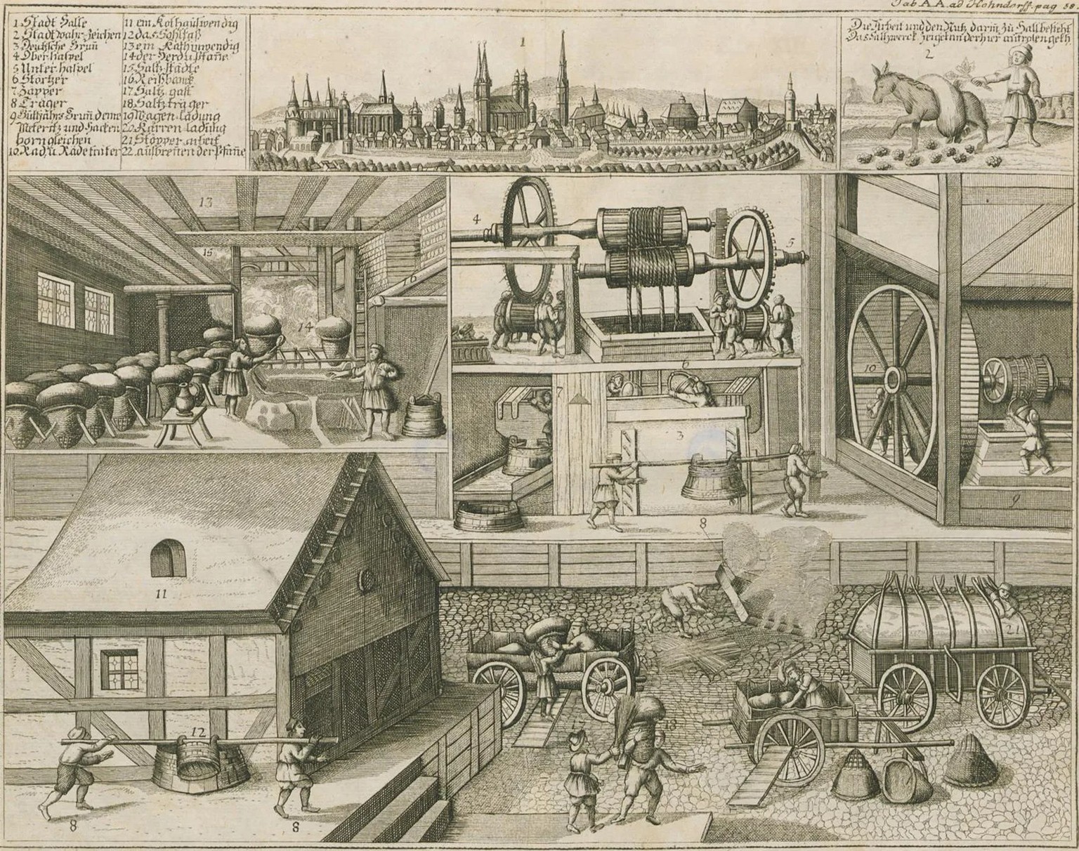 Darstellung der Salzproduktion in der Saline Halle (Sachsen-Anhalt), Kupferstich um 1670.
https://digitale.bibliothek.uni-halle.de/vd18/content/pageview/1199527