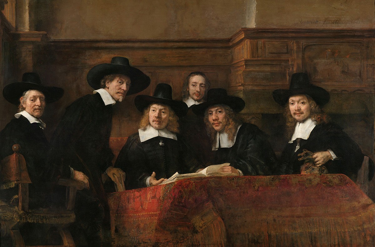 Le Syndic de la guilde des drapiers de Rembrandt, 1662.
https://commons.wikimedia.org/wiki/File:De_waardijns_van_het_Amsterdamse_lakenbereidersgilde,_bekend_als_%E2%80%98De_staalmeesters%E2%80%99_Rijk ...