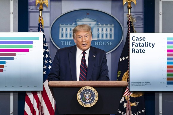 July 21, 2020, Washington, DC, United States of America: U.S. President Donald Trump delivers remarks during an update briefing on the COVID-19, coronavirus pandemic in the Briefing Room of the White ...