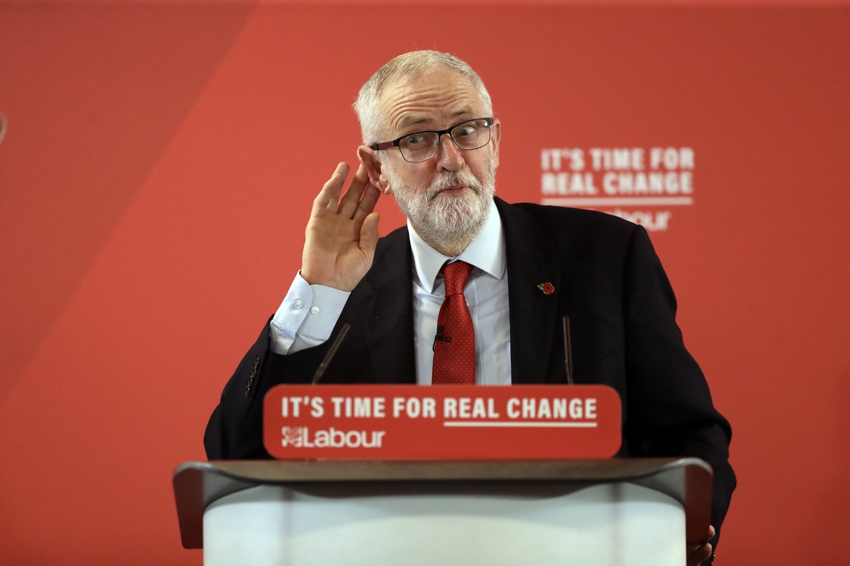 Britain's opposition Labour party leader Jeremy Corbyn delivers a speech during their election campaign event on Brexit in Harlow, England, Tuesday, Nov. 5, 2019. Britain goes to the polls on Dec ...