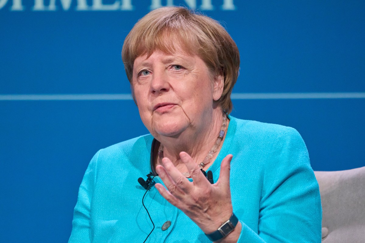 FILE - Former German Chancellor Angela Merkel speaks during the presentation of her book "Freedom" at the Stavros Niarchos Foundation Cultural Center in Athens, Greece, on July 2, 2025. (AP  ...
