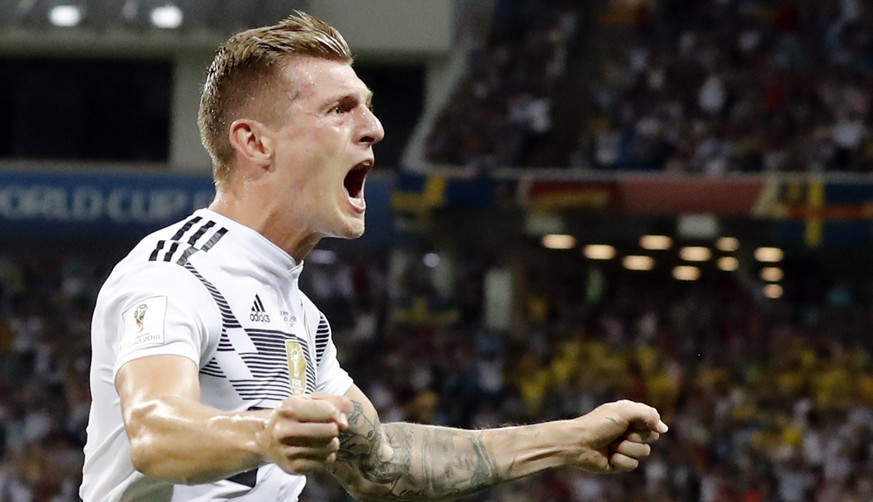 Germany&#039;s Toni Kroos celebrates after he scored his side&#039;s second goal during the group F match between Germany and Sweden at the 2018 soccer World Cup in the Fisht Stadium in Sochi, Russia, ...