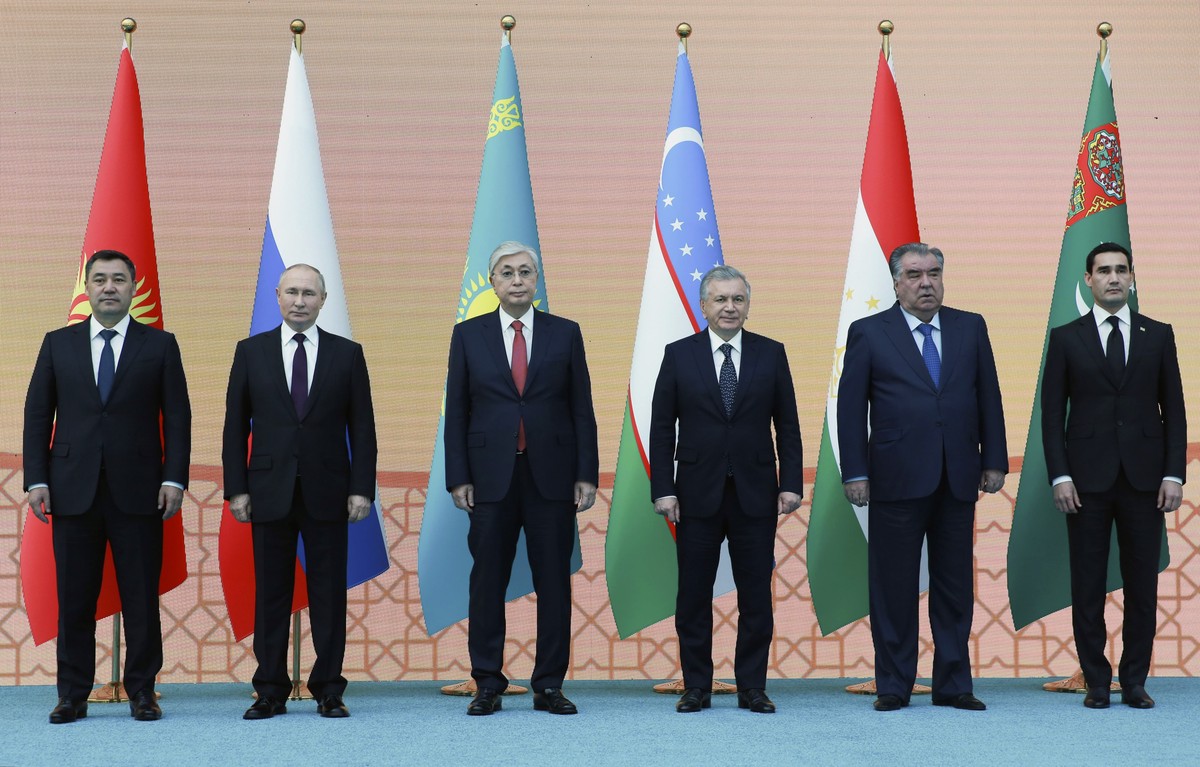 In this handout photo released by the Kazakhstan's Presidential Press Office, from left: Kyrgyz President Sadyr Japarov, Russian President Vladimir Putin, Kazakhstan's President Kassym-Jomar ...