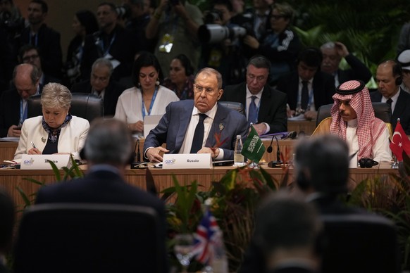 Foreign Ministers, from left, Mexico&#039;s Alicia Barcena, Russia&#039;s Sergei Lavrov and Saudi Arabia&#039;s Prince Faisal bin Farhan Al-Saud attend the G20 foreign ministers meeting in Rio de Jane ...
