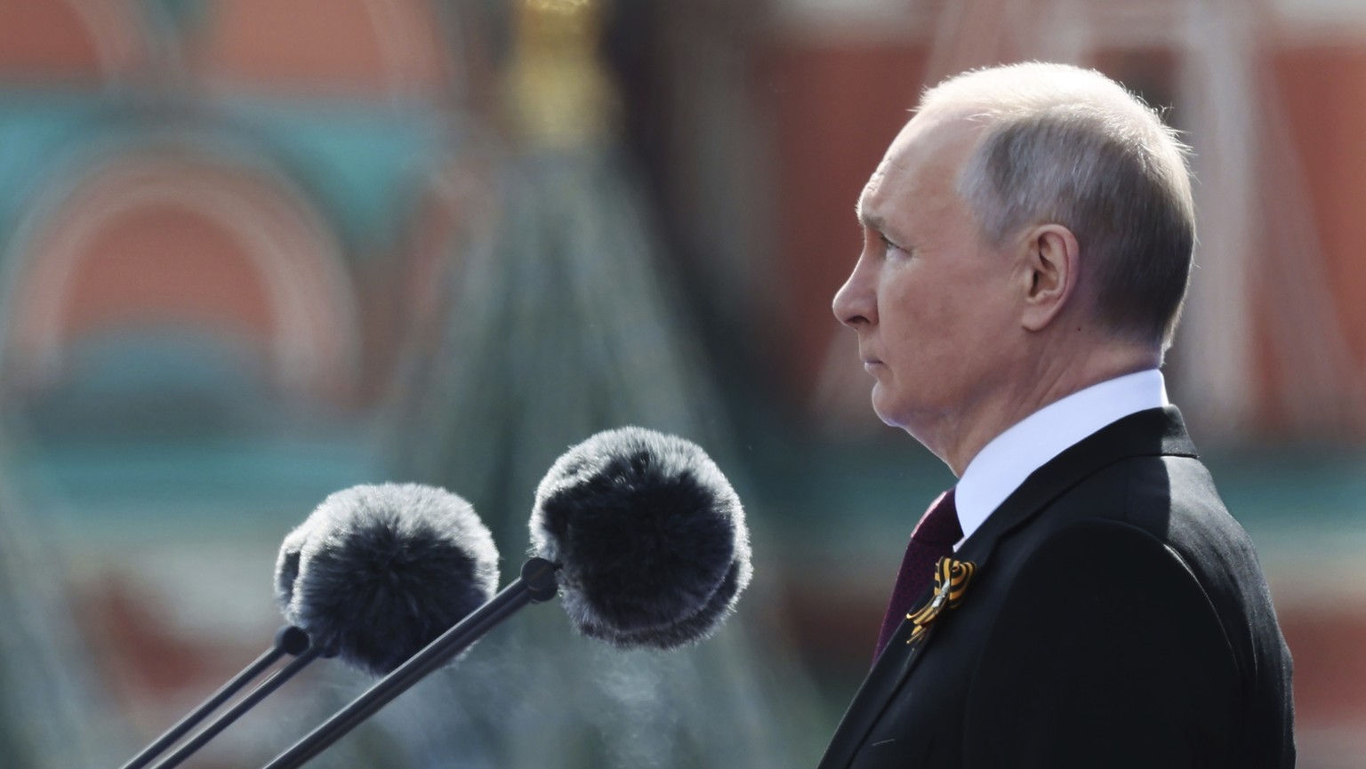 Russian President Vladimir Putin delivers his speech during the Victory Day military parade marking the 78th anniversary of the end of World War II on Red Square in Moscow, Russia, Monday, May 9, 2022...