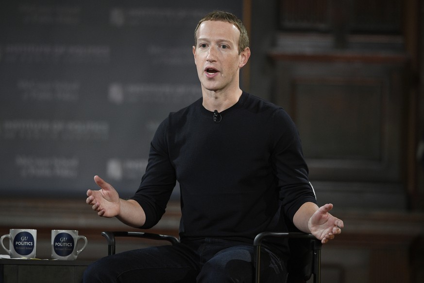 FILE - Facebook CEO Mark Zuckerberg speaks at Georgetown University, Thursday, Oct. 17, 2019, in Washington. On Monday, May 23, 2022, the District of Columbia sued Meta chief Zuckerberg, seeking to ho ...