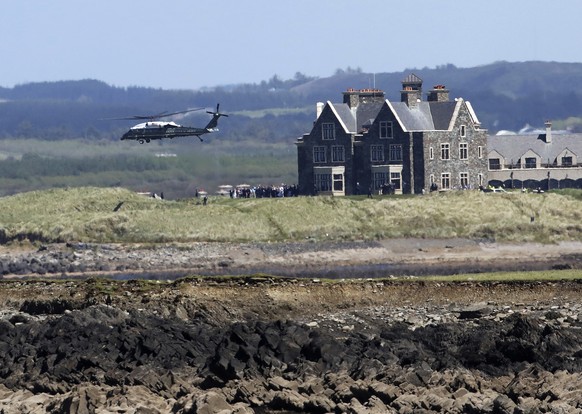 Marine One leaves Trump International Golf Resort in Doonbeg, west Ireland Friday, June 7, 2019. President Trump left Ireland following a two night stay at his golf resort. (AP Photo/Peter Morrison)