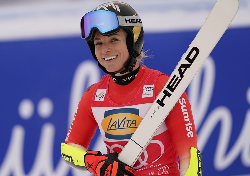 Switzerland's Lara Gut Behrami reacts after completing an alpine ski, women's World Cup super G, in Garmisch, Germany, Sunday, Jan. 26, 2025. (AP Photo/Piermarco Tacca)