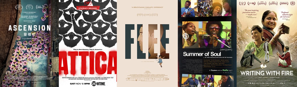 This combination of photos shows promotional art for the Oscar nominees for best documentary feature, from left, "Ascension," "Attica," "Flee," "Summer of Soul (...O ...