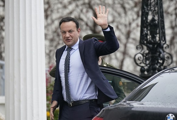 Leo Varadkar arrives at Aras an Uachtarain in Dublin, Ireland, Monday April 8, 2024, to tender his resignation as Prime Minister to President of Ireland Michael D Higgins. (Niall Carson/PA via AP)
