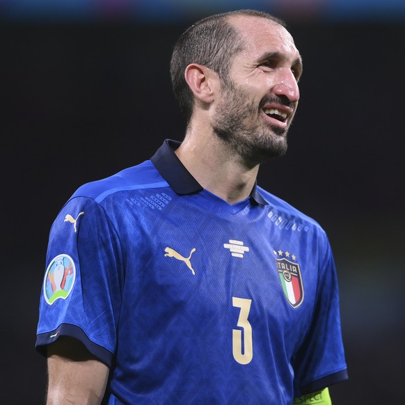 Italy&#039;s Giorgio Chiellini reacts during the Euro 2020 soccer semifinal match between Italy and Spain at Wembley stadium in London, Tuesday, July 6, 2021. (Laurence Griffiths, Pool via AP)