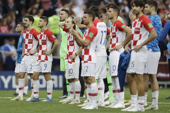 Croatian player after the final match between France and Croatia at the 2018 soccer World Cup in the Luzhniki Stadium in Moscow, Russia, Sunday, July 15, 2018. (AP Photo/Natacha Pisarenko)