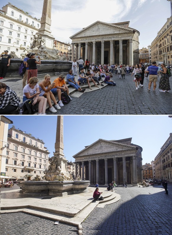 FILE - This combo of two images shows tourists sitting in front of the Pantheon, in Rome, at 13.47gmt, Friday, June 7, 2019, top and at 13.00gmt on Wednesday, March 11, 2020. Italy&#039;s grave outbre ...