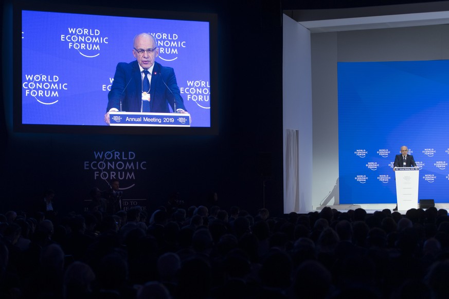 Swiss Federal President Ueli Maurer speaks during a plenary session in the Congress Hall the first day of the 49th Annual Meeting of the World Economic Forum, WEF, in Davos, Switzerland, Tuesday, Janu ...