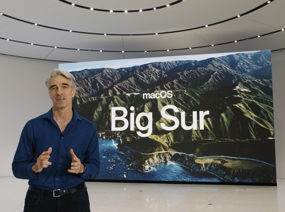 epa08502534 Handout video still image released by Apple showing Apple&#039;s senior vice president of Software Engineering Craig Federighi speaking in the WWDC video during the 2020 Apple Worldwide De ...