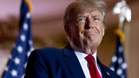 FILE - Former President Donald Trump announces he is running for president for the third time as he smiles while speaking at Mar-a-Lago in Palm Beach, Fla., Nov. 15, 2022. A federal appeals court is h ...