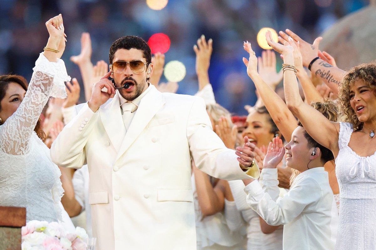 Bad Bunny performs during the halftime show of Super Bowl 60 between the Seattle Seahawks and New England Patriots in Santa Clara, Calif., Sunday, Feb. 8, 2026. (Carlos Avila Gonzalez/San Francisco Ch ...