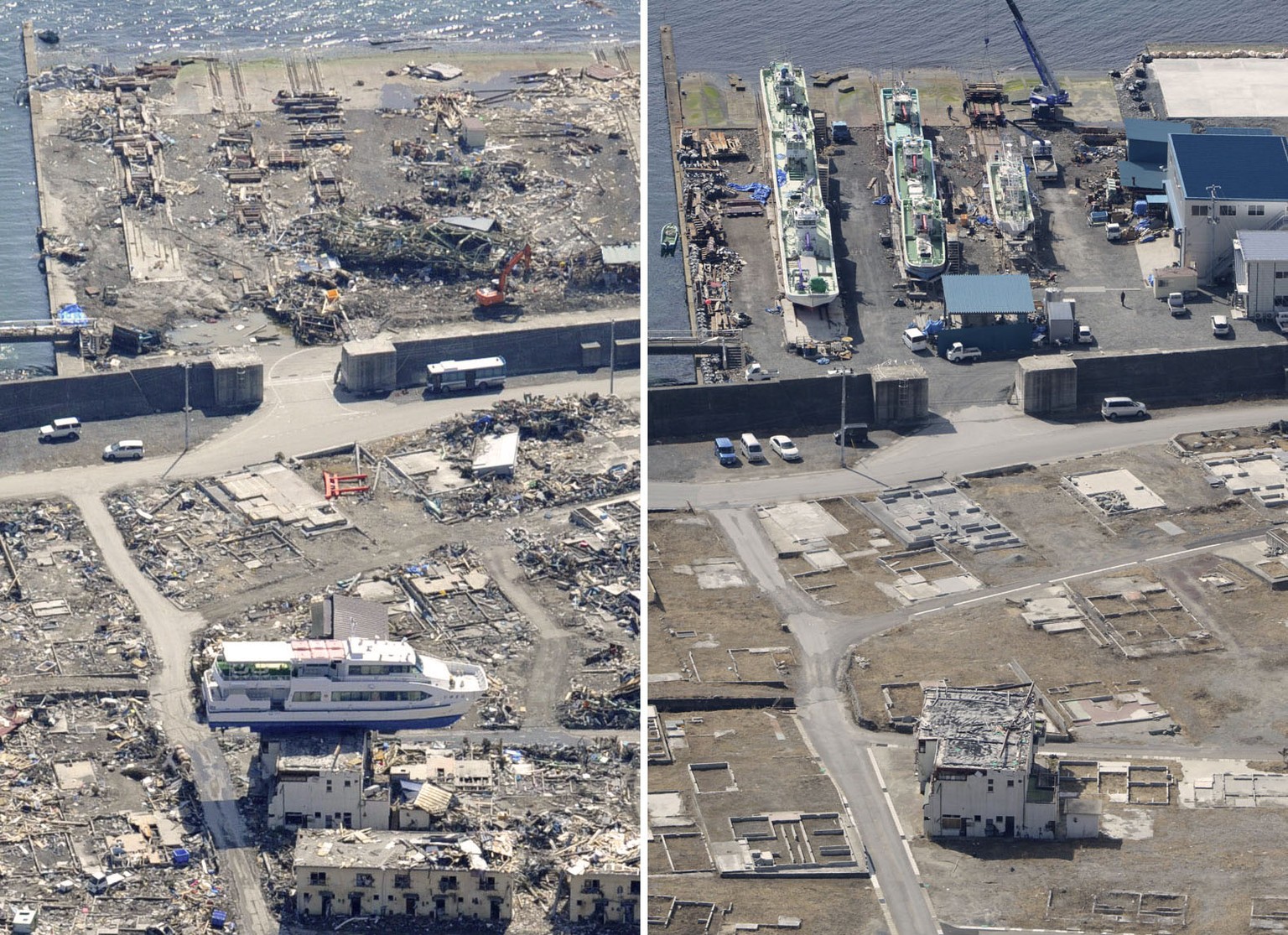 Das linke Bild zeigt Otsuchi nach dem Tsunami und das rechte ist auf den 4. März 2014 datiert.