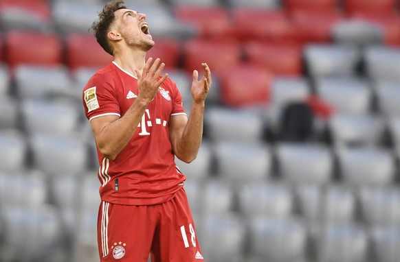 Bayern's Leon Goretzka reacts during a German Bundesliga soccer match between Bayern Munich and 1.FC Cologne in Munich, Germany, Saturday, Feb. 27, 2021. (AP Photo/Andreas Schaad)