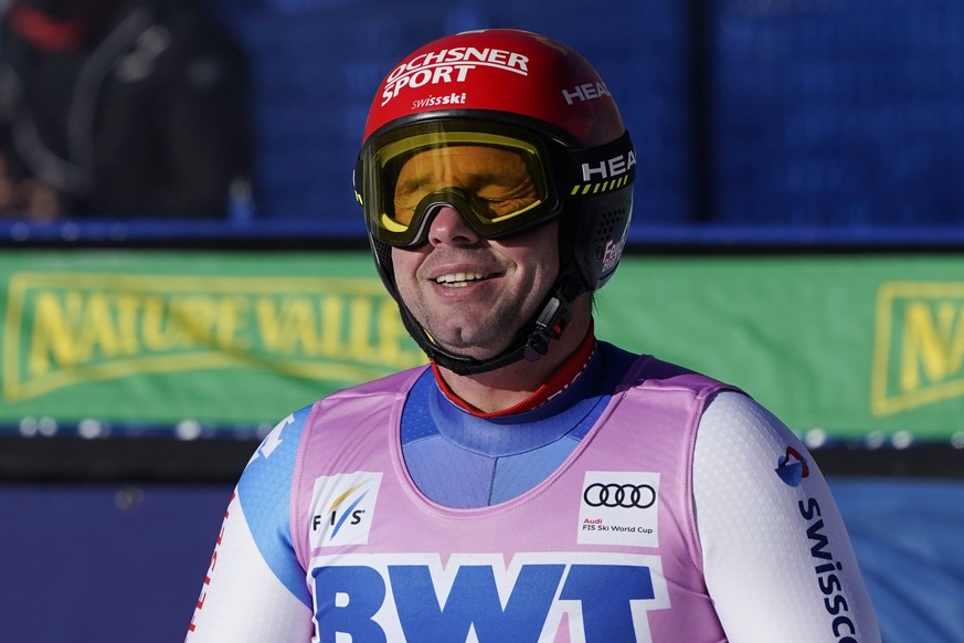 Switzerland&#039;s Beat Feuz reacts after finishing his run during a men&#039;s World Cup downhill ski race Saturday, Dec. 4, 2021, in Beaver Creek, Colo. (AP Photo/Gregory Bull)