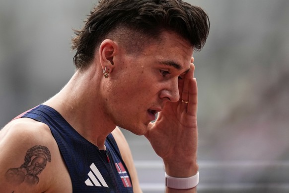 Norway&#039;s Jakob Ingebrigtsen reacts after finishing a men&#039;s 1,500 meters heat at the World Athletics Championships in Tokyo, Sunday, Sept. 14, 2025. (AP Photo/Petr David Josek)
APTOPIX Japan  ...